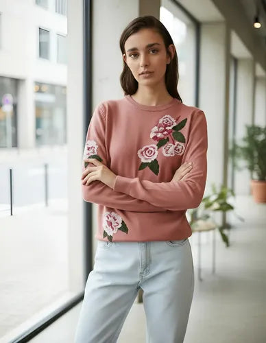 Sweater Tejido Importado Detalles  Strass Flores Negro U