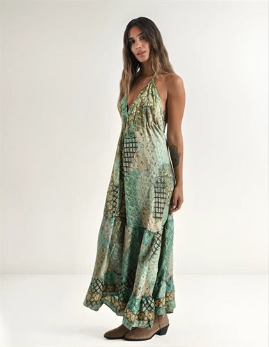 Vestido Seda Hindú  Importado Fiesta Espalda Descubierta