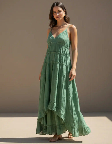Vestido Solero Largo Simil Seda Verde Loro Lisa Único