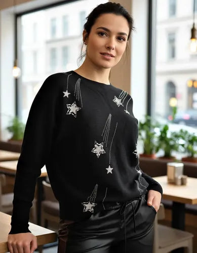 Sweater Tejido Importado Detalles  Strass Estrellas Negro U