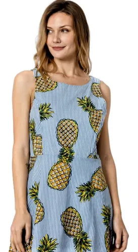 Vestido Importado Estilo Pin Up Ananas Nuevo 2da Selección Azul Rayas Único