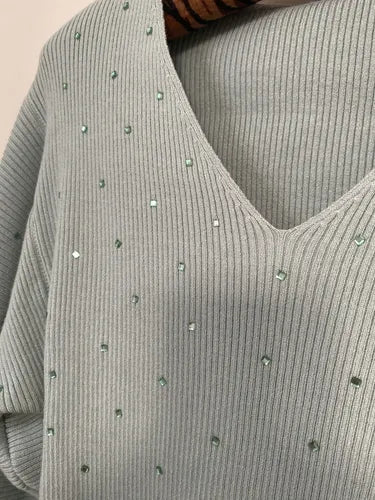 Sweater Tejido Morley Mangas Globo Y Hotfix Verde Agua Hotfix Único