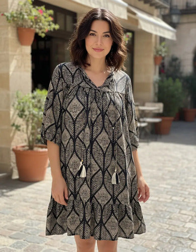 Vestido De Seda Hindú Corto Amplio Mod. 45 Beige Y Negro Estampado Único