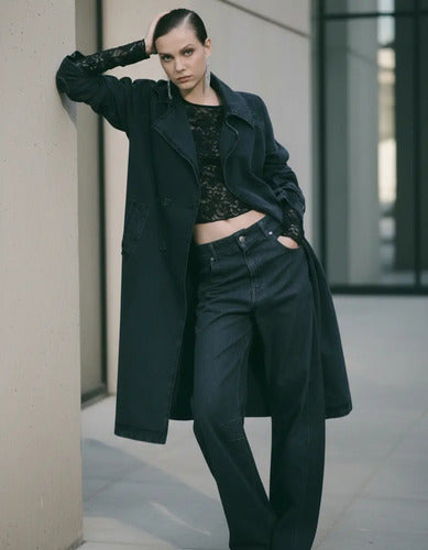 Trench Jean Tapado Denim Largo Sobretodo