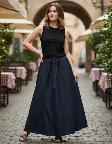 Pollera Falda De Jean Larga Evasé Azul Liso 6
