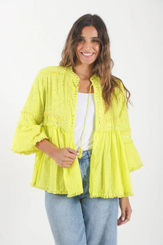 Saco Chaqueta De Broderie De India Nuevo 2da Selección Verde Flour L Lisa