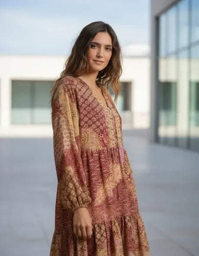 Vestido De Seda Hindú Corto Amplio Mod. 101 Rosa Estampado Único