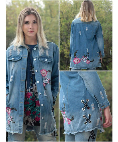Campera Saco De Jean Bordada Celeste S Bordado