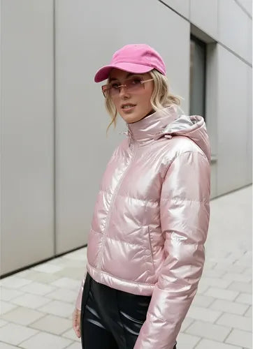 Puffer Campera  De Abrigo  Importada Corta Metalizada Rosa Claro Xl Lisa