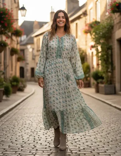 Vestido Largo De Seda Hindú Mod. 3 Crema Con Verde Estampado Único