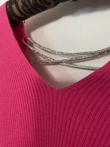 Sweater Tejido Morley Mangas Globo Fucsia Liso Único