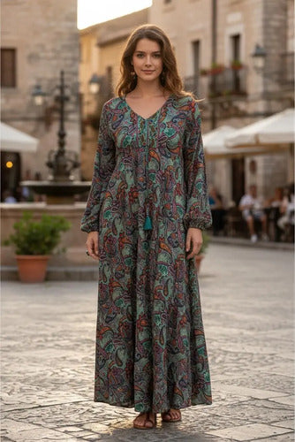 Vestido Boho Largo Manga Larga Seda Hindú Fiesta Verde Estampado Único