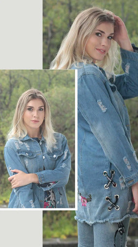 Campera Saco De Jean Bordada Celeste S Bordado