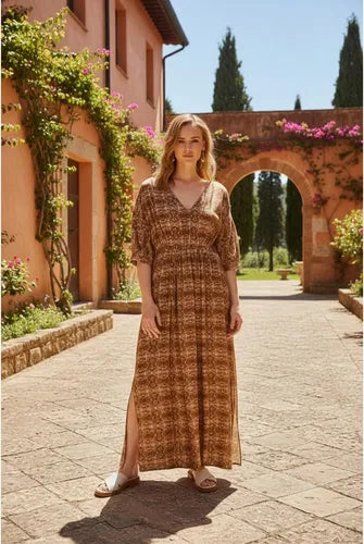 Vestido Largo De India Estampado Boho Marrón Estampado Xl