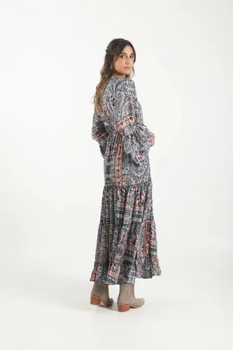 Vestido De Seda Hindú Largo Mangas Oxford Mod. 62 Gris Oscuro Estampado Único