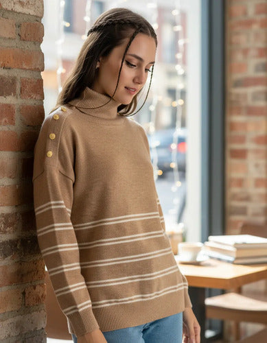 Sweater  Rayado Tejido Polera Amplio Marrón Claro Rayas Beige Rayas Único