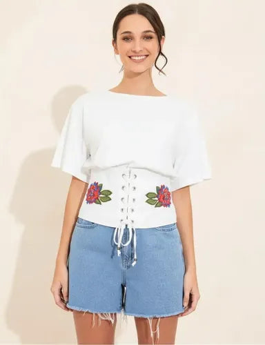 Remera Blusa Bordada Importada Estilo Boho Corset Blanco Bordado M