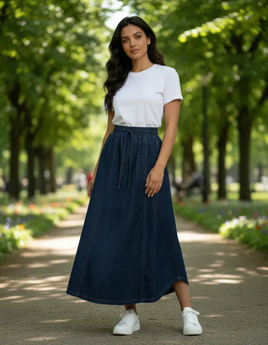 Pollera Falda De Jean Larga Evasé Azul Liso 4