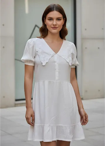 Vestido Lino Blanco Boho Con Cuello Blanco S