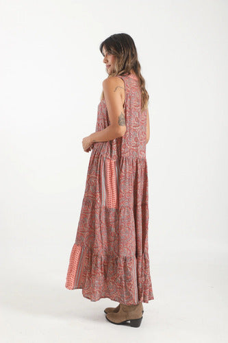 Vestido De Seda Hindú Largo Sin Mangas Mod. 9 Coral Estampado Único