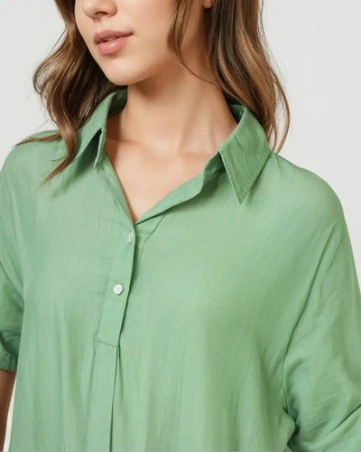Vestido Camisero De Simil Seda Verde Lisa Único