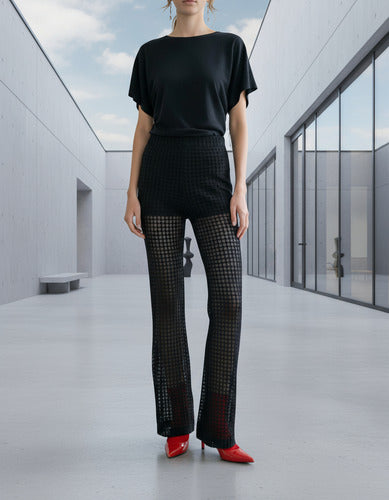 Pantalón Noche  Encaje Con Short Elastizado Negro Encaje S