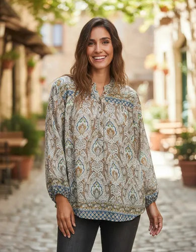 Camisa Blusa De Seda Hindú Modelo Grande Mod. 105 Marrón Claro Estampado Único