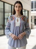 Camisa Blusa Bordada Boho Azul S