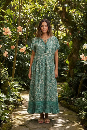 Vestido De Seda Hindú Amplio Mod. 08 Verde Estampado Único