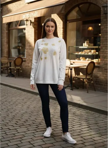 Sweater Importado Amplio Bordado (568) Blanco Bordado Único