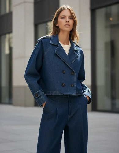 Campera De Jean Oversize Corta Azul Único Liso