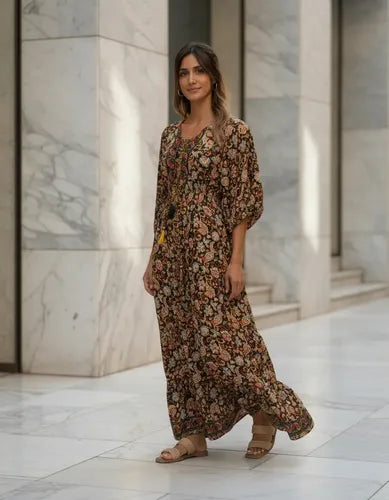 Vestido De Seda Hindú Largo Mod. 18 Negro Estampado Único