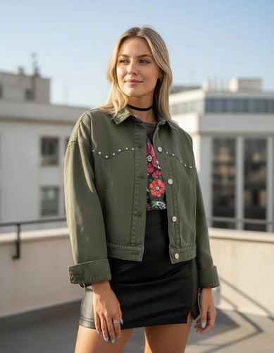 Chaqueta Campera De Gabardina Con Tachas
