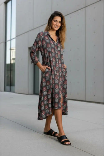 Vestido Largo Estilo Camisero Estampado Boho
