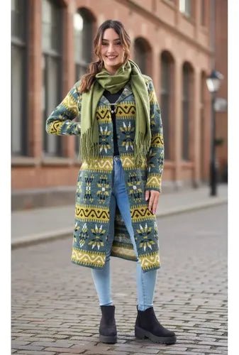 Saco Largo Tapado Tejido Importado Estilo Folk Boho