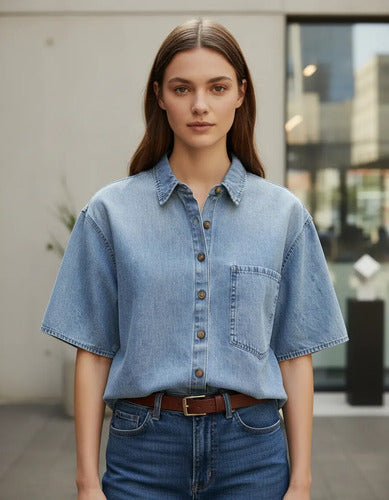 Camisa De Jean Denim Manga Corta Modelo Grande