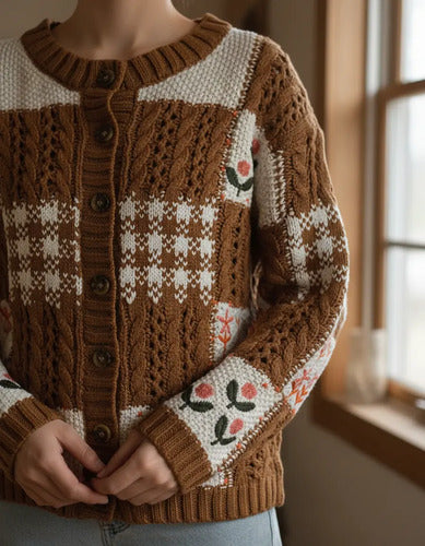 Saco Cárdigan Tejido Amplio Bordado Folk Boho