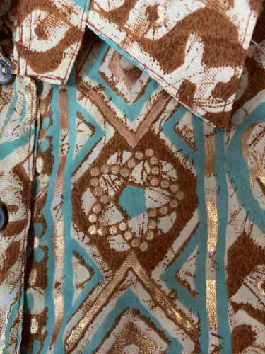 Vestido Camisero De Seda Hindú Con Dorado Modelo Amplio Marrón Estampado Único