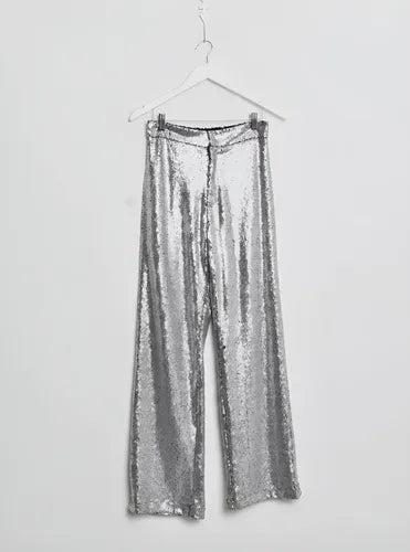 Pantalón De Lentejuelas Plateado Liso 40