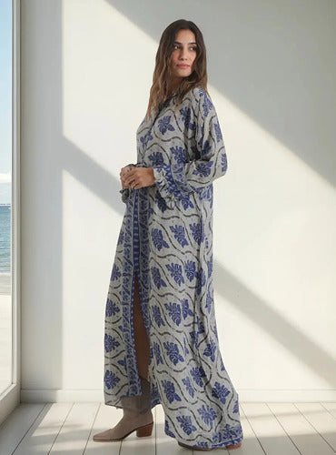 Vestido De Seda Hindú Largo Nuevo 2da Selección Gris Estampado Único