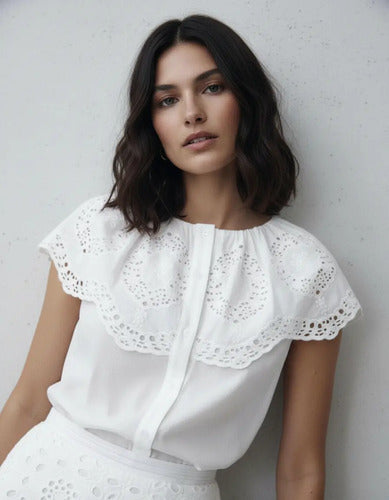 Camisa Sin Mangas Con Cuello De Broderie