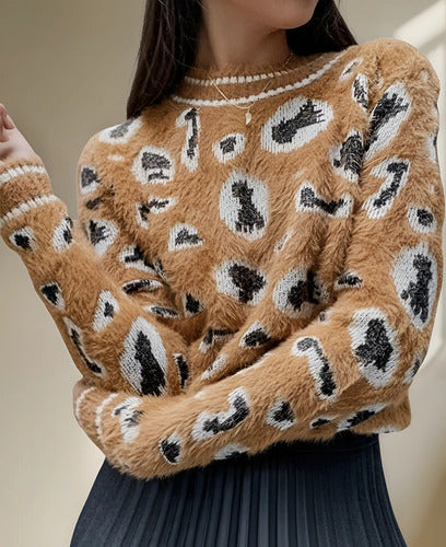 Sweater De Mujer Importado  Animal Print Pelo De Mono Marrón Animal Print Único