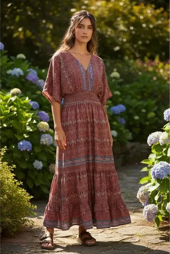 Vestido De Seda Hindú Largo Mod. 24 Rosa Viejo Estampado Único