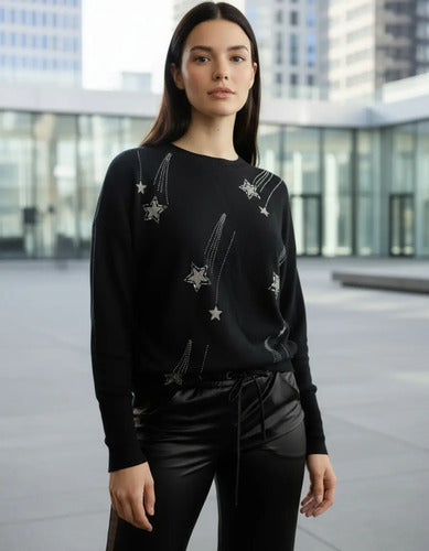 Sweater Tejido Importado Detalles  Strass Estrellas Negro U