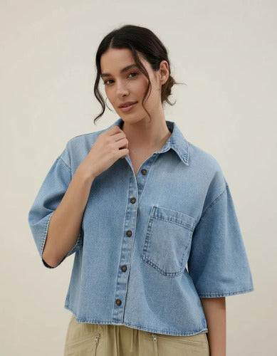 Camisa De Jean Denim Manga Corta Modelo Grande