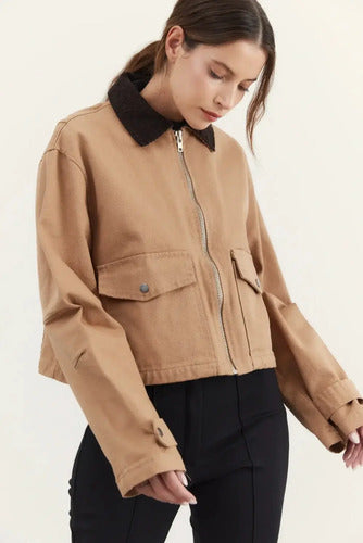 Campera De Gabardina Y Corderoy Oversize Marrón Claro 40 Liso