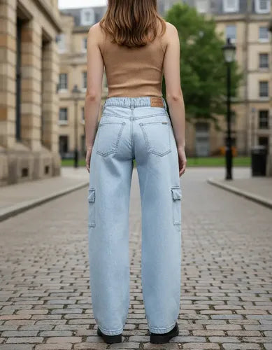 Jean Wide Leg Cargo Ruse Celeste Liso 38