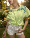 Remera Blusa Importada Estilo Boho Bordada Verde Limón M