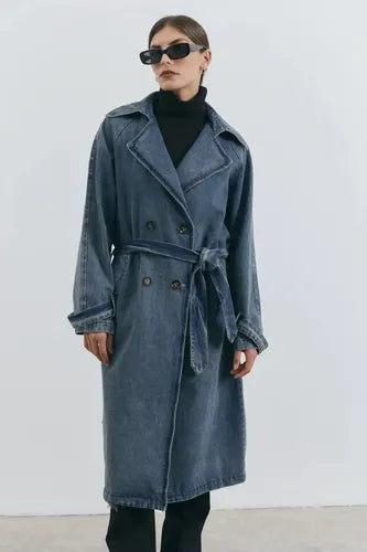 Trench Jean Tapado Denim Largo Sobretodo