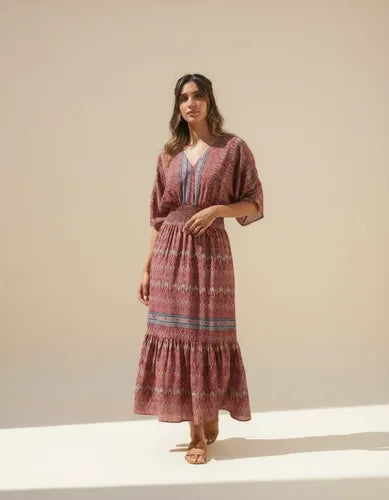 Vestido De Seda Hindú Largo Mod. 24 Rosa Viejo Estampado Único